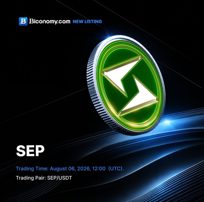 The image announces the new listing of SEP on Biconomy.com, with trading for the SEP/USDT pair set to launch on August 6, 2026, at 12:00 (UTC).