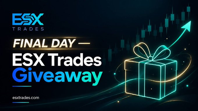 A promotional graphic for 'ESX TRADES' announces the 'FINAL DAY - ESX Trades Giveaway' featuring a glowing neon gift box against a background of stock market candles.