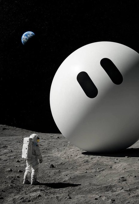 A surreal 3D render of an astronaut standing on the moon, looking at a giant white sphere with two black oval cutouts resembling a smiley face, with Earth visible in the starry background.