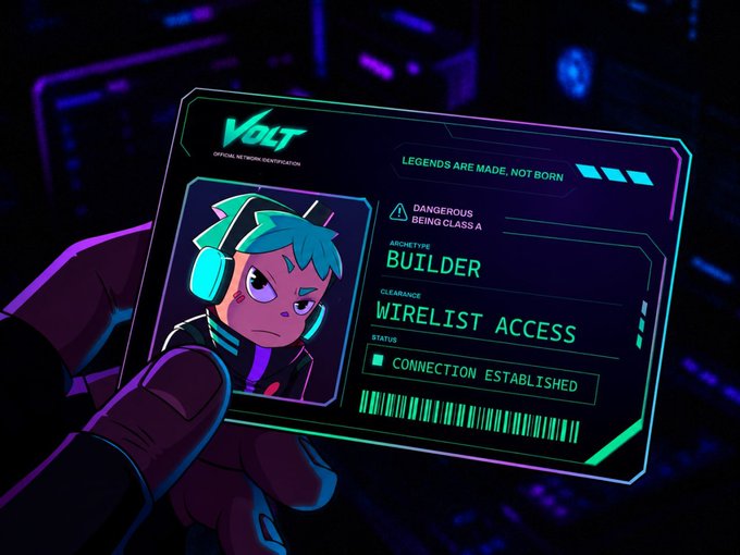 A digital illustration of a gloved hand holding an 'OFFICIAL NETWORK IDENTIFICATION' card labeled 'VOLT' for a 'BUILDER' archetype named 'WIRELIST ACCESS' with 'CONNECTION ESTABLISHED' status.