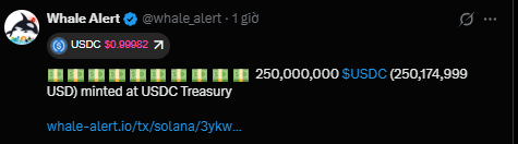 A Whale Alert tweet from 1 hour ago announces that 250,000,000 USDC ($250,174,999) was minted at USDC Treasury on the Solana network, aligning with the accompanying post about Circle injecting significant stablecoin liquidity into the market at the start of the week.