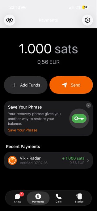 A screenshot of a mobile payments app showing a balance of 1,000 sats (0.56 EUR) with options to Add Funds or Send.