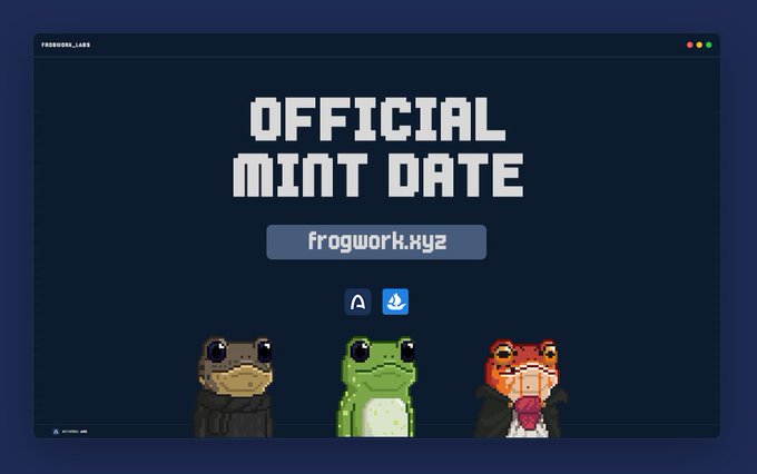 A pixel art graphic announces the "OFFICIAL MINT DATE" for Frogwork.xyz, featuring three pixelated frog characters (brown, green, and red/dapper) beneath the project name and logos, promoting the upcoming NFT mint details of 5,000 supply with a 3 USDC public price.