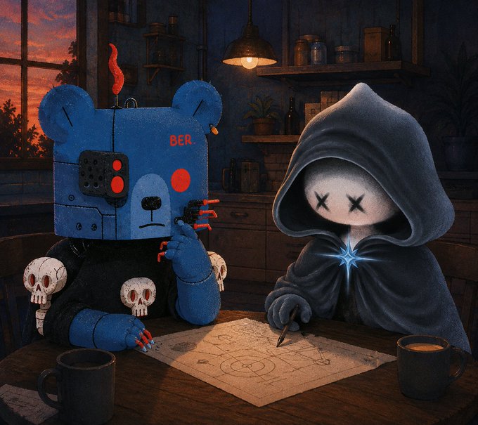 A dark, atmospheric digital painting depicting a blue robotic bear labeled "B.E.R." with a flame on its head sitting next to a hooded skeleton figure with X eyes, both looking at a hand-drawn map at a wooden table with coffee mugs.