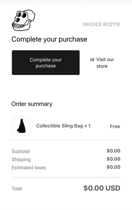 A checkout/invoice screen (Invoice #D2179) for a 'Collectible Sling Bag x 1' listed as Free, with a total of $0.00 USD and a 'Complete your purchase' button.