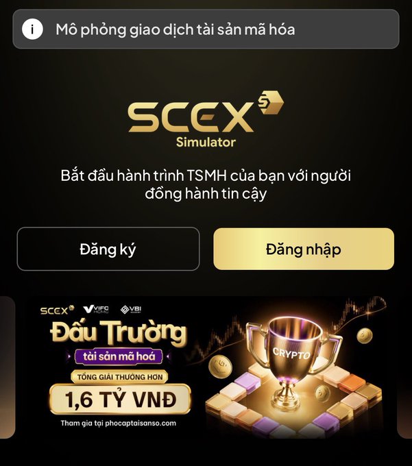 A Vietnamese promotional screen for the “SCEX Simulator” crypto-asset trading simulation, with “Đăng ký” (Register) and “Đăng nhập” (Log in) buttons; the lower banner mentions a prize of “1,6 Tỷ VNĐ.”