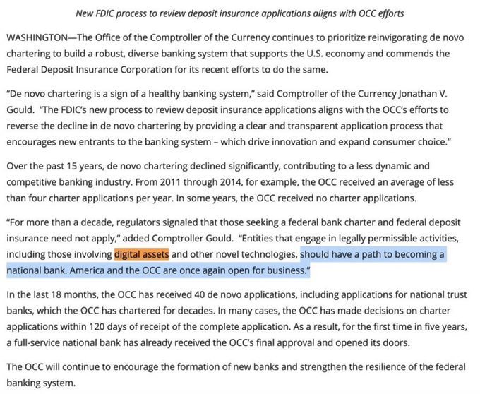 **Caption:** A press release titled "New FDIC process to review deposit insurance applications aligns with OCC efforts" features Comptroller Jonathan V. Gould stating that entities engaged in legally permissible activities, including those involving digital assets, have a path to becoming a national bank, with the OCC having received 40 de novo applications in 18 months.

**Relation to post:** The highlighted text confirms the post's claim, as Gould explicitly states that crypto/digital asset firms now have a viable path to obtaining national bank charters, marking a regulatory shift toward legitimizing crypto in the U.S. banking system.