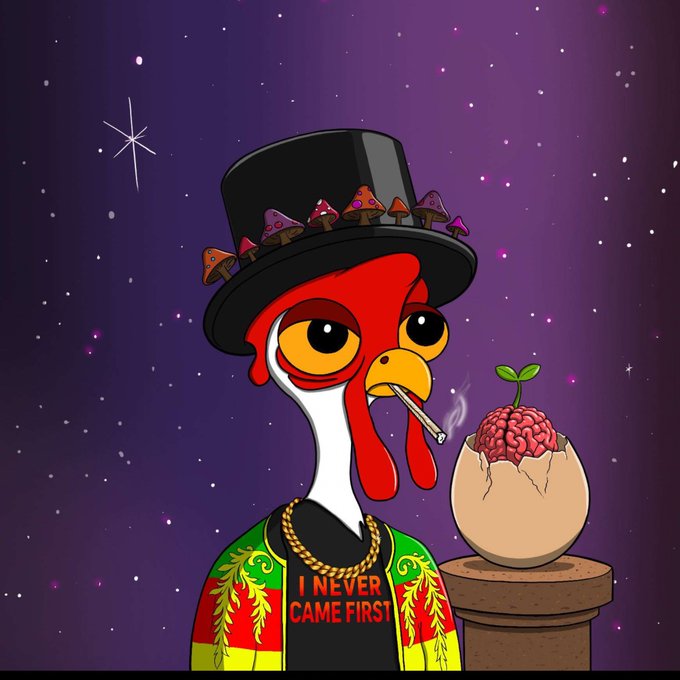 A cartoon illustration of a chicken wearing a top hat decorated with mushrooms, a Rastafarian-colored shirt, and a 'I NEVER CAME FIRST' necklace, holding a cigarette next to a cracked egg with a brain inside, set against a purple starry background.