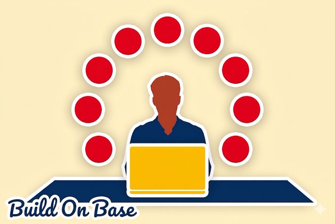 An illustration shows a silhouetted figure working at a yellow laptop, surrounded by a ring of red circles, with the text 'Build On Base' in the lower left corner.