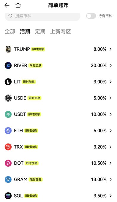The image shows a cryptocurrency savings/earn page from HTX ("简单赚币" / Simple Earn) listing various tokens with promotional rates, including TRUMP at 8.00%, RIVER at 20.00%, LIT at 3.00%, USDE at 5.00%, USDT at 10.00%, ETH at 6.00%, TRX at 3.20%, DOT at 10.50%, GRAM at 13.00%, and SOL at 3.50%, all marked "限时加息" (limited-time bonus rate). The post celebrates HTX's strong promotional APR offerings on stablecoins like USDT (10%) and tokens like RIVER (20%), showcasing how competitive the platform's earn rates are for users.