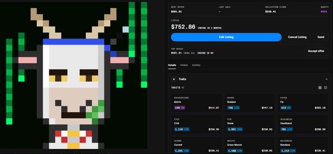 The image shows a pixel-art Cashmere Goat NFT from the "Cashmere Goat Street" collection alongside an OpenSea listing for Cashmere Goat #3331 priced at $752.86 (0.95Ξ), supporting the post about winning a $500 bid on a free mint of this rare NFT.
