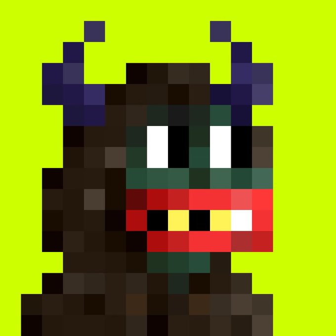 Pixel art character of a brown monster with dark purple horns, large white eyes, and a wide red mouth showing yellow teeth against a bright green background.