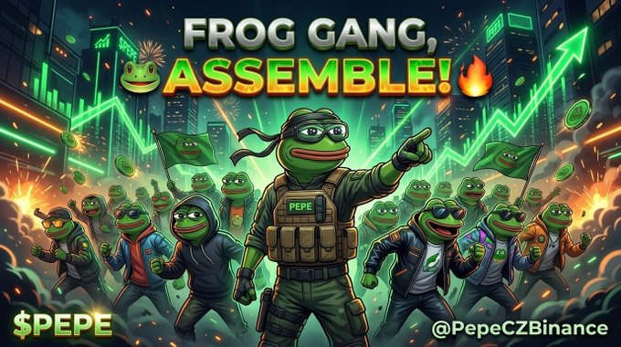 A vibrant, action-packed digital illustration of Pepe the Frog characters dressed as a militia, with the text "FROG GANG, ASSEMBLE!" above and "$PEPE" and "@PepeCZBinance" below.