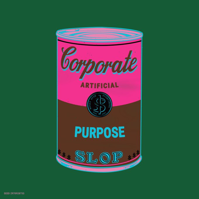 A stylized illustration of a pink and brown can labeled 'Corporate Artificial Purpose Slop' with a dollar sign emblem.