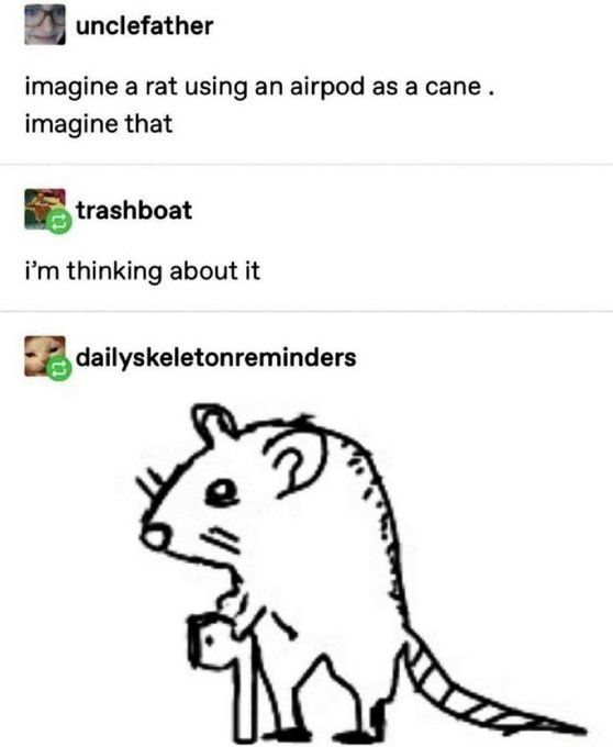 A Tumblr post thread where users discuss and depict a rat using an AirPod as a cane, with a cartoon drawing of the elderly rat.