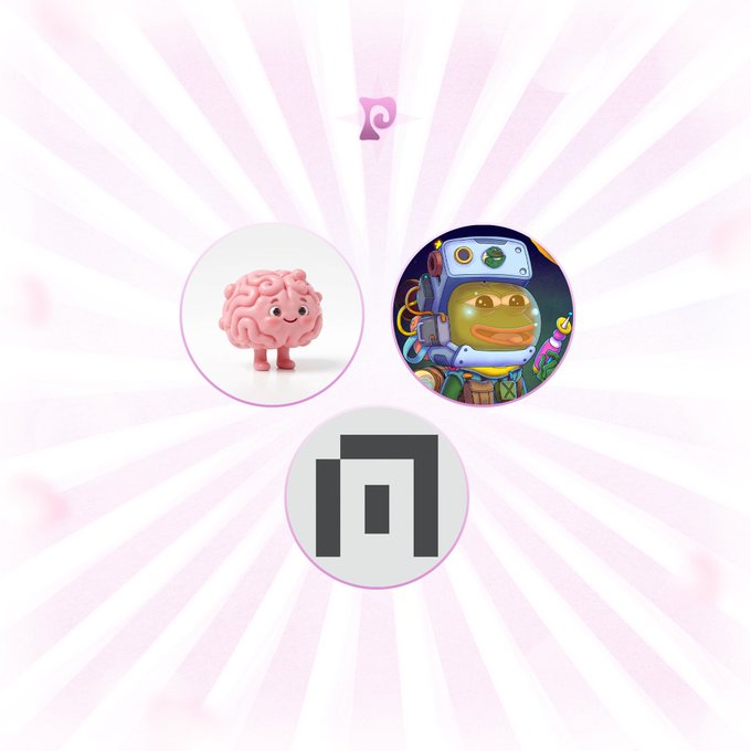 A pink radial burst graphic features three circular icons arranged in a triangle: a smiling pink brain (representing @brainrotproject), a cartoonish green character in a space helmet (representing @PepeExplorers), and a gray NFT-style logo (representing @normiesART), with a small swirl symbol above. The image serves as a promotional announcement welcoming these three new communities to a collection, teasing that a snapshot will be taken on mint day with limited remaining batches.