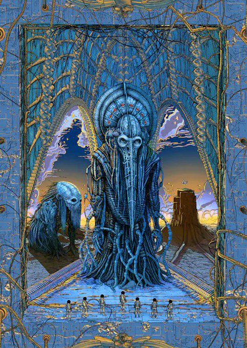 A towering biomechanical entity with a haloed, skull-like head and elongated tendrils stands within an ornate arched gateway, flanked by a smaller grotesque figure and dwarfed by seven tiny humanoid silhouettes below, set against a surreal sunset landscape. The intricate sci-fi/gothic artwork matches the post, which identifies it as "Oblivion Parallax" by @karltrewhelaart, sold to @kompakd for 1.1 ETH ($1,737.08) as a $RARE piece.