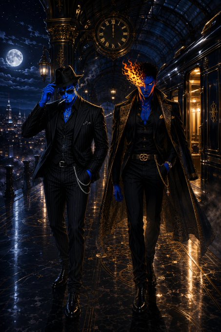 Two blue-skinned men in elegant black suits stand in a dark, ornate station beneath a clock, with a full moon and city skyline visible in the night sky behind them.