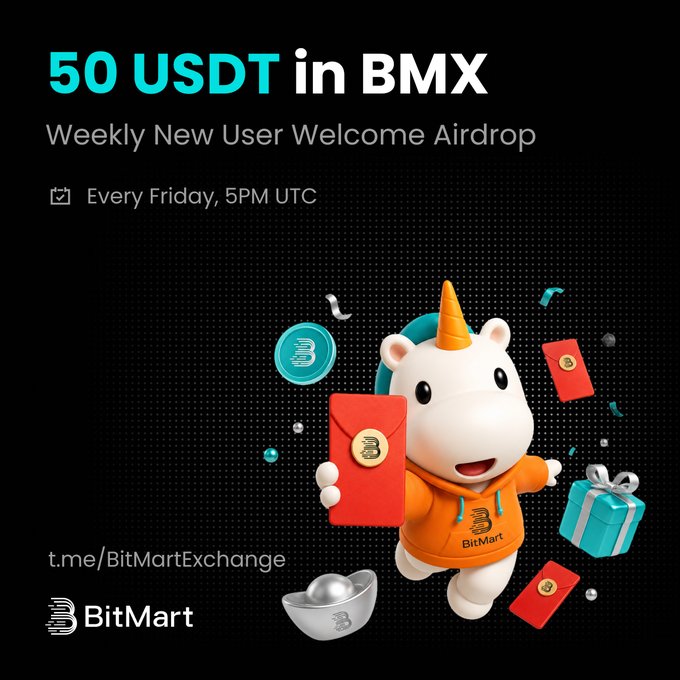 The image is a promotional graphic featuring BitMart's cartoon polar bear mascot holding red envelopes and a teal gift box, advertising a "50 USDT in BMX Weekly New User Welcome Airdrop" every Friday at 5PM UTC, with the handle "t.me/BitMartExchange" displayed. The graphic visually supports the post's announcement of the weekly airdrop giveaway for new users who register using the referral code.