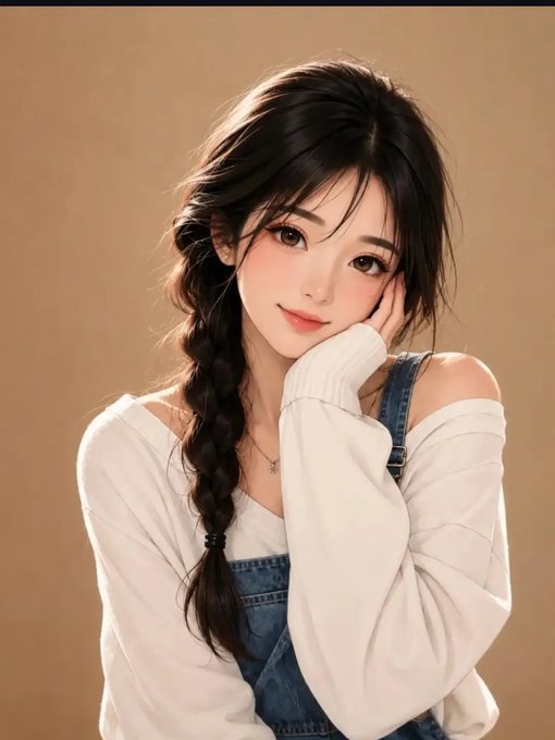 A young woman with a long braided hairstyle wearing a white sweater and denim overalls rests her chin on her hand with a soft smile.