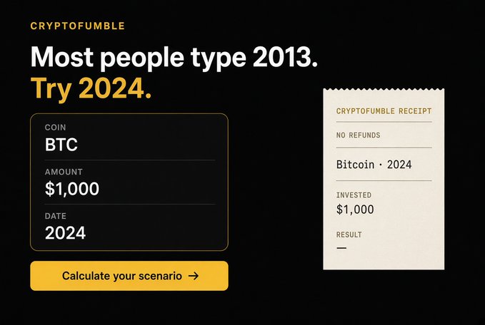 An advertisement for "CRYPTOFUMBLE" reads "Most people type 2013. Try 2024." with a form showing BTC investment of $1,000 in 2024 and a receipt indicating "NO REFUNDS."