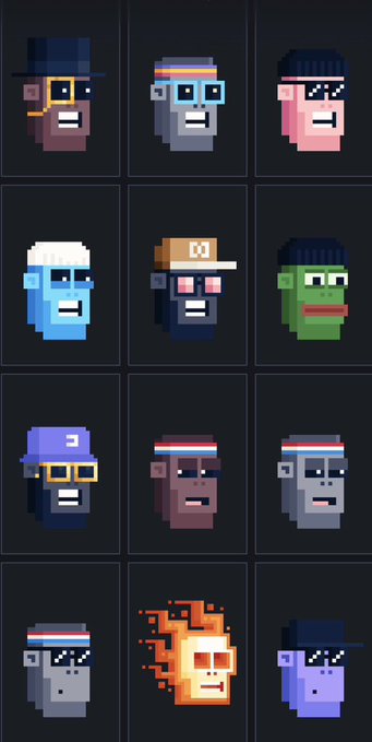 A grid of twelve pixel art character portraits, mostly wearing sunglasses, with various hat and skin color combinations, including one 'fire' trait character.