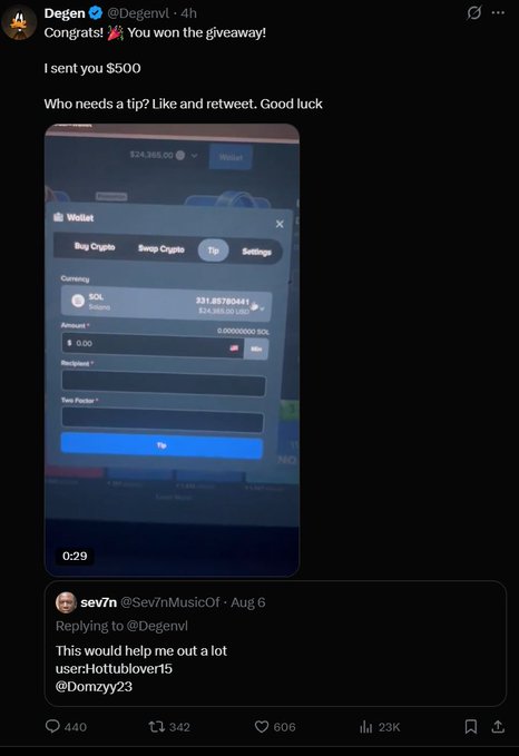 A tweet from user 'Degen' (@Degenwl) congratulating a giveaway winner, displaying a screenshot of a crypto wallet tipping interface and replying to user 'sev7n' (@Sev7nMusicOf).