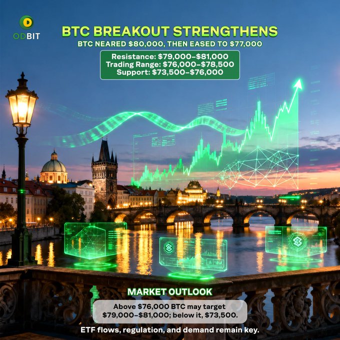 A twilight view of Prague's Charles Bridge overlaid with glowing green BTC price charts and a headline "BTC BREAKOUT STRENGTHENS — BTC neared $80,000, then eased to $77,000," with key levels listed (Resistance $79,000–$81,000, Support $73,500–$76,000) and a market outlook noting targets above/below $76,000, visually reinforcing the post's message of Bitcoin's breakout driven by renewed institutional and ETF inflows.