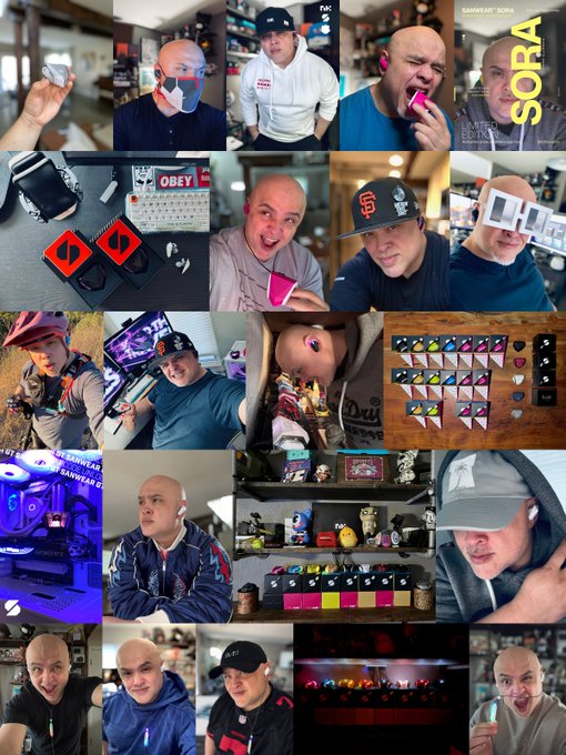 A collage of images featuring a bald man in various settings, including close-ups, San Francisco Giants gear, and tech-related items, with the word 'SORA' visible.