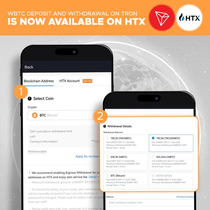 A promotional graphic announces 'WBTC DEPOSIT AND WITHDRAWAL ON TRON IS NOW AVAILABLE ON HTX' featuring screenshots of the app interface showing blockchain address selection and TRC20 withdrawal options.