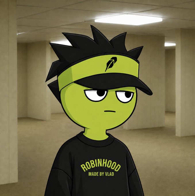An animated green-skinned cartoon character with spiky black hair wearing a black 'ROBINHOOD MADE BY VLAD' t-shirt and a green Robinhood visor, standing in what appears to be a backrooms-style empty office.