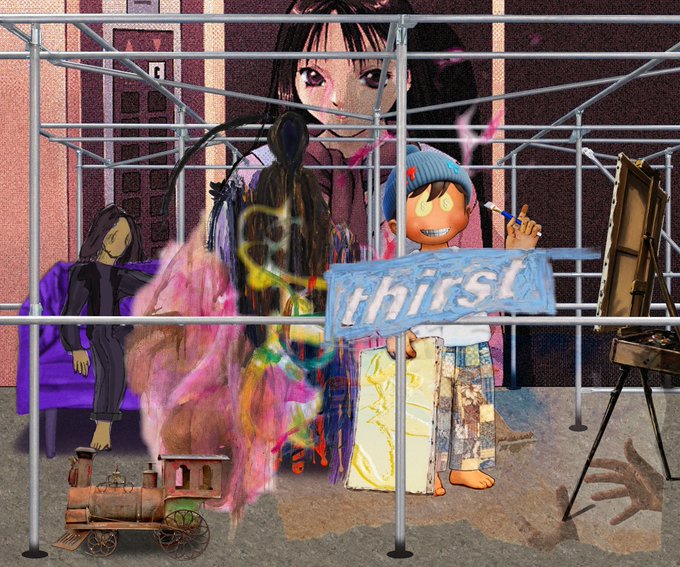 A surreal collage featuring anime-style figures, a ghostly silhouette, a small train, and the word 'thirst' painted on a blue sign.