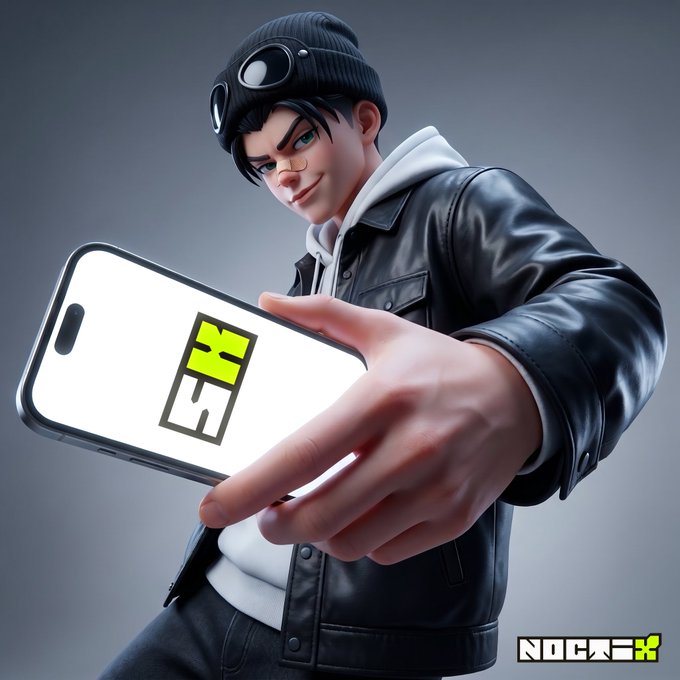 A stylish 3D-rendered character wearing a black beanie with goggles and a leather jacket proudly holds out a smartphone displaying a bright green "N" logo, with the "NOKAI" watermark in the corner—visually celebrating the brand's 5K follower milestone and giveaway announcement.