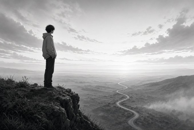 A black-and-white photograph shows a person in a hoodie standing at the edge of a rocky cliff, gazing out over a vast, winding valley under a cloudy sky.