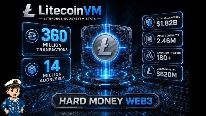 A promotional graphic for LitecoinVM titled "Liteforge Ecosystem Stats" displays key metrics including 360 million transactions, 14 million addresses, $1.82B total value locked, 2.46M smart contracts, 180+ ecosystem projects, and $620M LitecoinVM TVL, branding itself as "Hard Money Web3." The image visually supports the post's claim about LitecoinVM being Litecoin's first EVM-compatible Layer-2 hybrid rollup on Arbitrum Orbit by showcasing its ecosystem scale and adoption milestones.