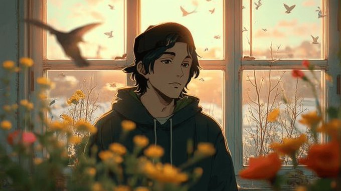 The image features a man with long hair, wearing a hoodie, looking out a window at birds flying outside. The scene includes yellow flowers near the window as well. The caption provided seems unrelated to the main subject of the image or the post about Web3 products. It is important for the caption to be relevant and connected to the content being displayed in order to effectively engage viewers and convey the intended message.