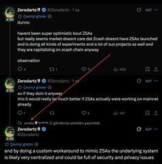 A screenshot of a Twitter/X exchange showing Zeroxlaly criticizing Zcash for "doing a custom workaround to mimic ZSAs" without genuinely implementing them, while comparing them unfavorably to Aleo (ZSA) and mainnet, with the related discussion highlighting Zcash's price drop to 0.78 ZEC following ZachXBT and Zooko's criticism of Zcash projects.