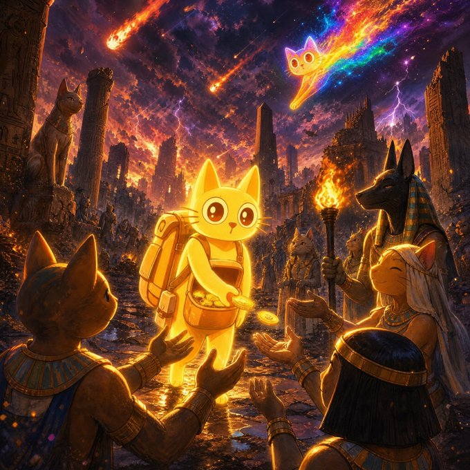 A radiant, glowing cartoon cat wearing a backpack hands out golden coins to adoring, Anubis-like feline figures amid the ruins of an ancient civilization under a cosmic, fiery sky—evoking the mythical reverence and otherworldly allure surrounding the $CETS token.