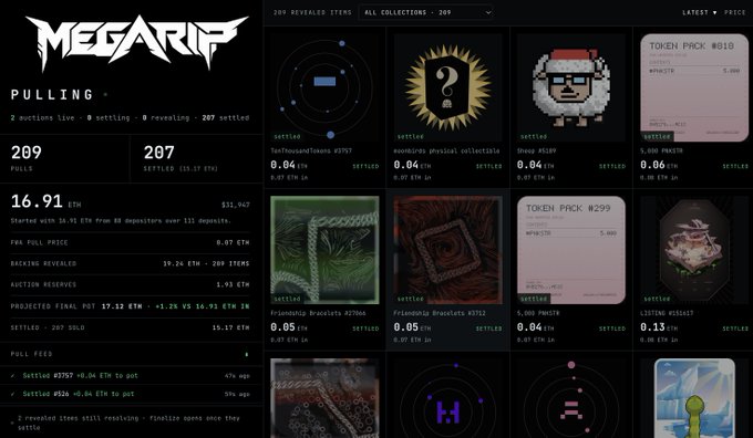 A screenshot of the 'MEGARIP' NFT pull platform showing statistics like '16.91 ETH', '289 PULLS', '207 SETTLED', with various NFT collections including 'Token Pnck #810', 'Token Pnck #299', and 'frlendays Brcklets'.