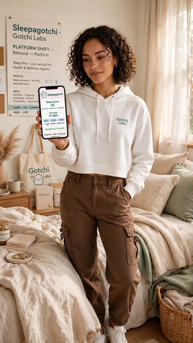 A woman wearing a white 'Gotchi Labs' hoodie and brown cargo pants stands in a bedroom holding a smartphone displaying a sleep tracking app, with a poster labeled 'Sleepagotchi' visible behind her.