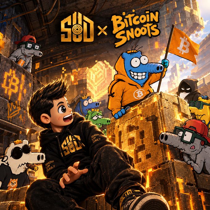 Cartoon-style promotional artwork titled "SOL x Bitcoin Snoots" featuring an animated boy in a black SOL hoodie surrounded by hippo and crocodile characters holding a Bitcoin flag amid golden city structures.