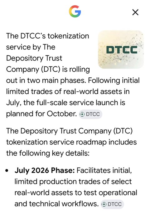 A Google search result about The Depository Trust Company (DTCC) discusses their tokenization service roadmap, mentioning a July 2026 phase for limited real-world asset trades and a full-scale launch planned for October.