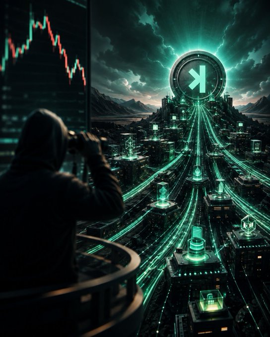 A hooded figure observes a futuristic cyberpunk cityscape through binoculars, with a glowing green 'K' logo towering above neon-lit skyscrapers, while a stock chart displaying a sharp decline appears on a screen to the left.