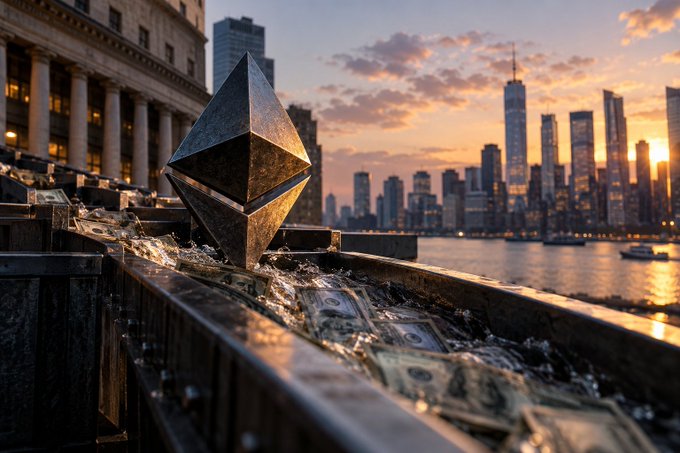 An Ethereum logo sits on a ledge with dollar bills flowing like water toward it, set against a New York City skyline at sunset—symbolizing how capital is pouring into ETH spot ETFs, with $603M in inflows from September 21-24 representing over three-quarters of the non-Bitcoin crypto ETF capital.