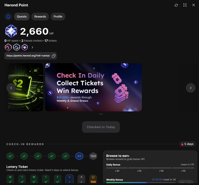 A Herond Point dashboard shows 2,660 HP, 0 HP spent, with a 'Check In Daily Collect Tickets Win Rewards' banner, a $2 credit offer, and daily check-in rewards progress.
