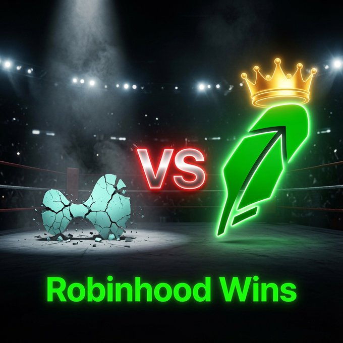The image depicts a boxing-style "VS" showdown inside a ring, with a cracked game controller on the left representing Hyperliquid and a glowing green Robinhood logo wearing a gold crown on the right, symbolizing victory. Bold green text at the bottom reads **"Robinhood Wins,"** visually reinforcing the post's message that Robinhood Chain has surpassed Hyperliquid in 24-hour trading volume ($433M vs. ~$290M), claiming the top spot among DEX platforms.