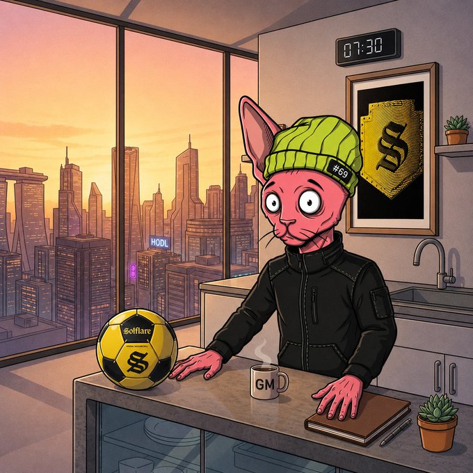 An animated pink Sphynx cat wearing a green beanie (#69) and black jacket sits at a kitchen counter with a coffee mug, next to a yellow and black soccer ball labeled "Solflare", with a city skyline at sunset visible through the window and a clock reading 07:30.