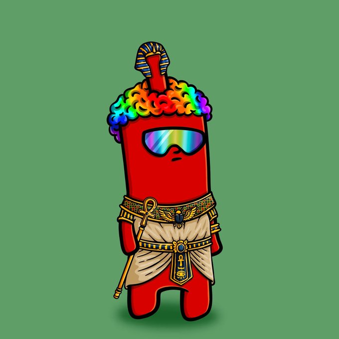 The image features a stylized red Among Us character dressed as an Egyptian pharaoh, wearing a rainbow afro, sunglasses, a traditional pharaoh headdress, and Egyptian-themed accessories. This artwork relates to the post as it represents the unique art style of the "Market Players" NFT collection by OG artist @osmankbt that is being given away.
