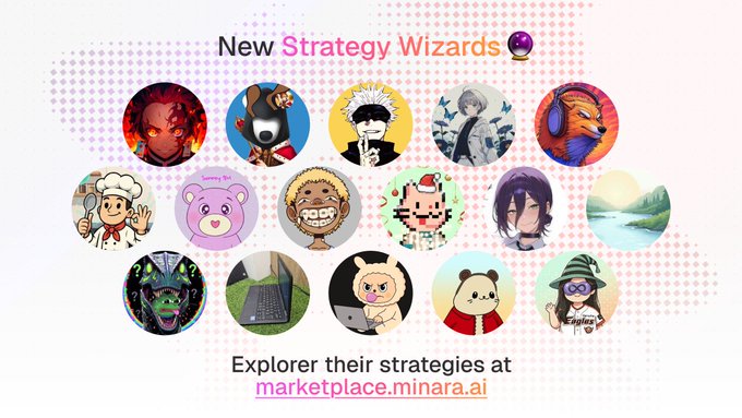 Promotional graphic titled 'New Strategy Wizards' featuring a grid of 15 cartoon character avatars with the text 'Explorer their strategies at marketplace.minara.ai'.