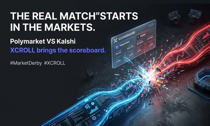 "The real match starts in the markets..." The post is about a market where two people are competing against each other, using prediction markets to determine their scores. There's an advertisement for Polymarket, which appears as a blue light, and another person labeled Kalshi who has his own version of the game board displayed on it; both have different sets of numbers. In this context, XCROLL is preparing Market Derby - a new way to compare prediction signals before kick off.
